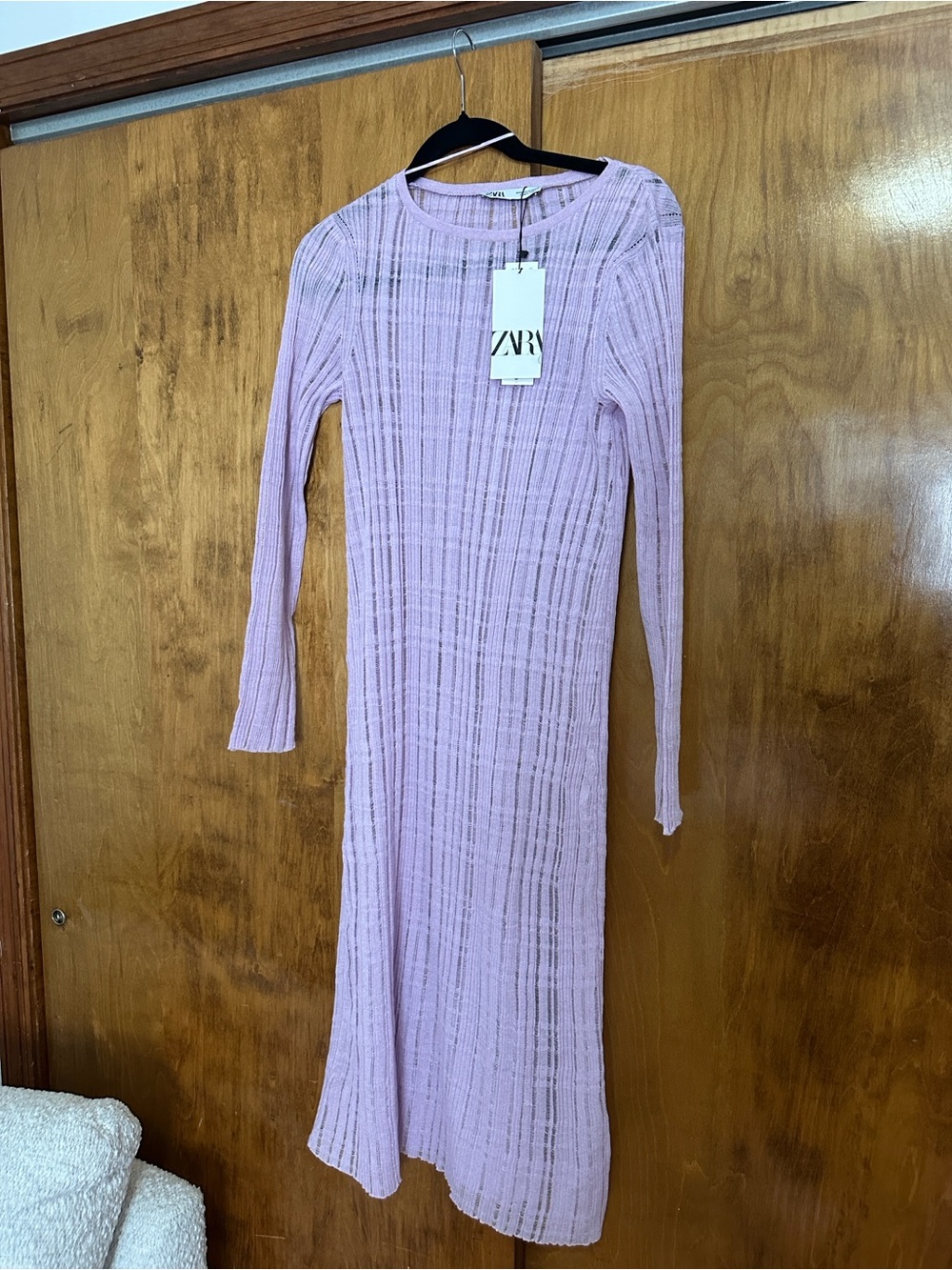 Zara Pastel Lilac Ribbed Long-Sleeve Dress Midi Dress